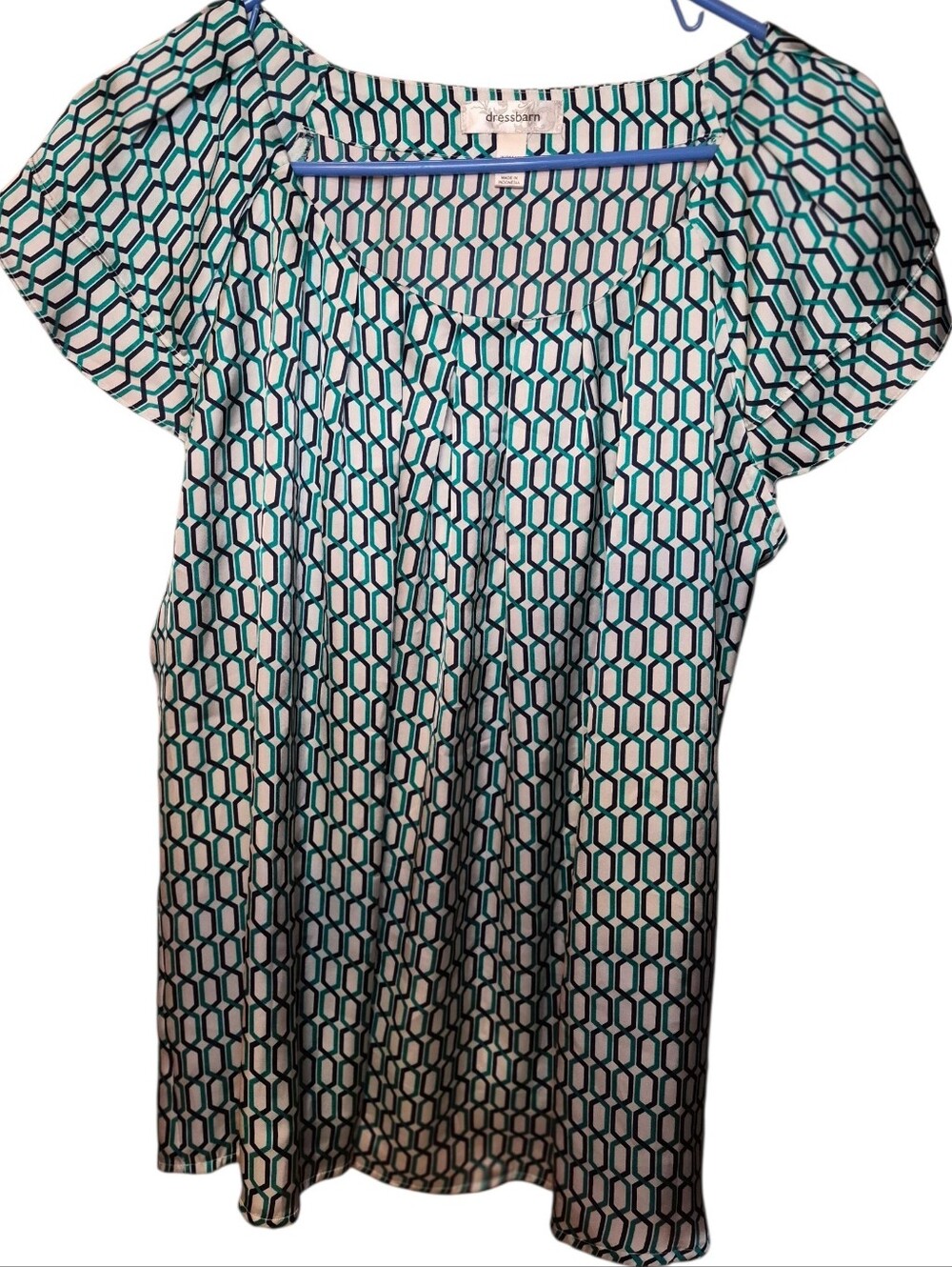 Dress Barn  Teal Geometric Cap-Sleeve Women's Top P2p 22" Length 27"